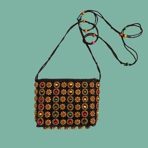Colorful woven satchel purse with wooden beads